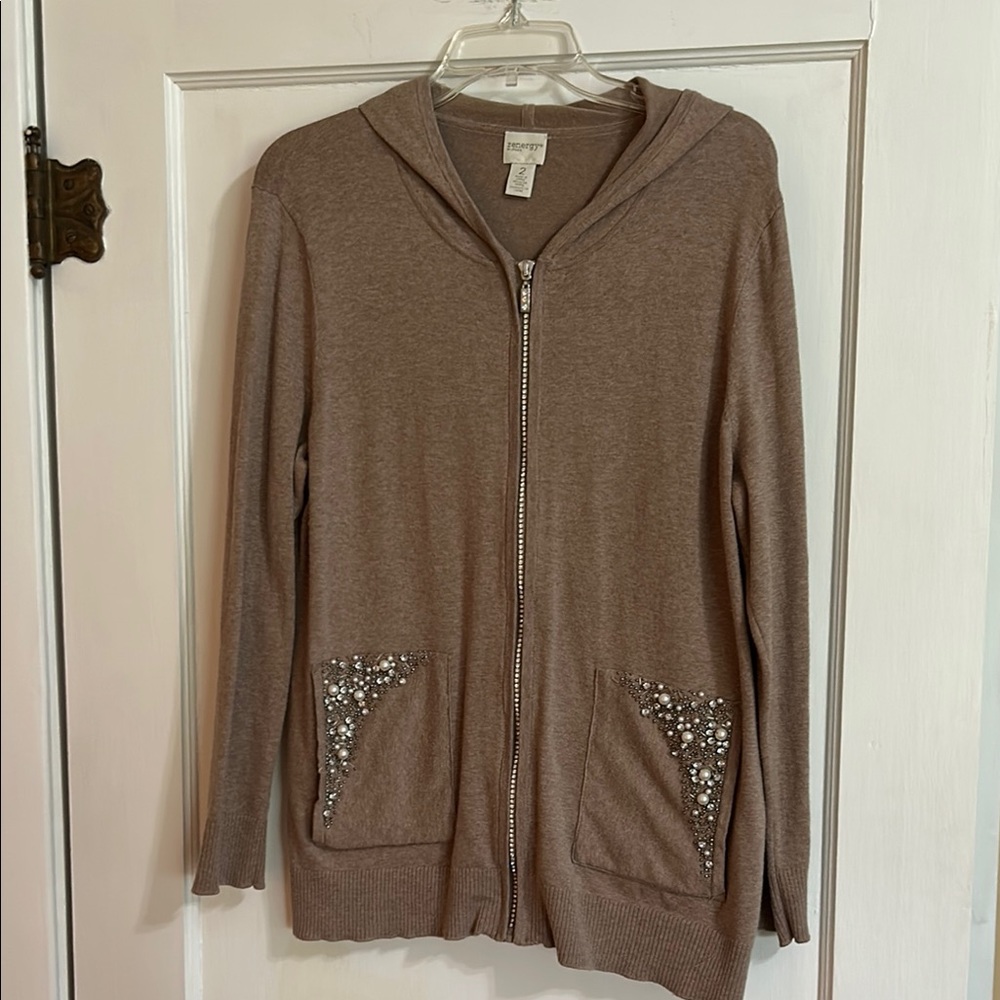 Chico's Brown Hooded Sweater with Embellished Pockets